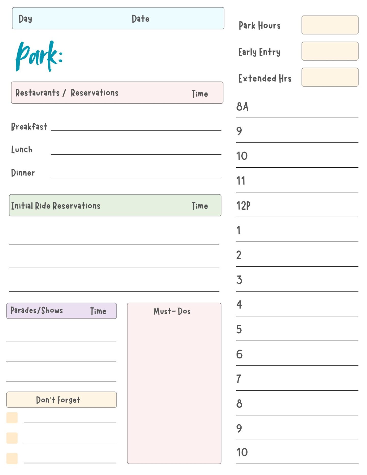 Disney Trip Daily Itinerary Sheets